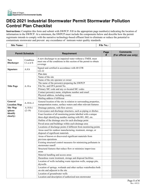 Industrial Stormwater Permit Stormwater Pollution Control Plan Checklist - Oregon, 2021