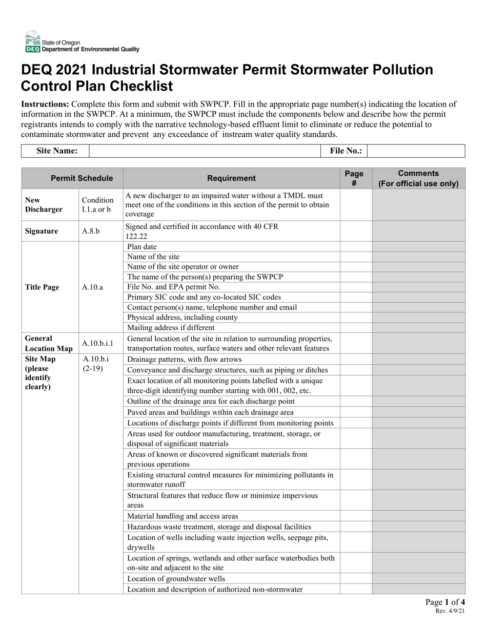 Industrial Stormwater Permit Stormwater Pollution Control Plan Checklist - Oregon, Page 1