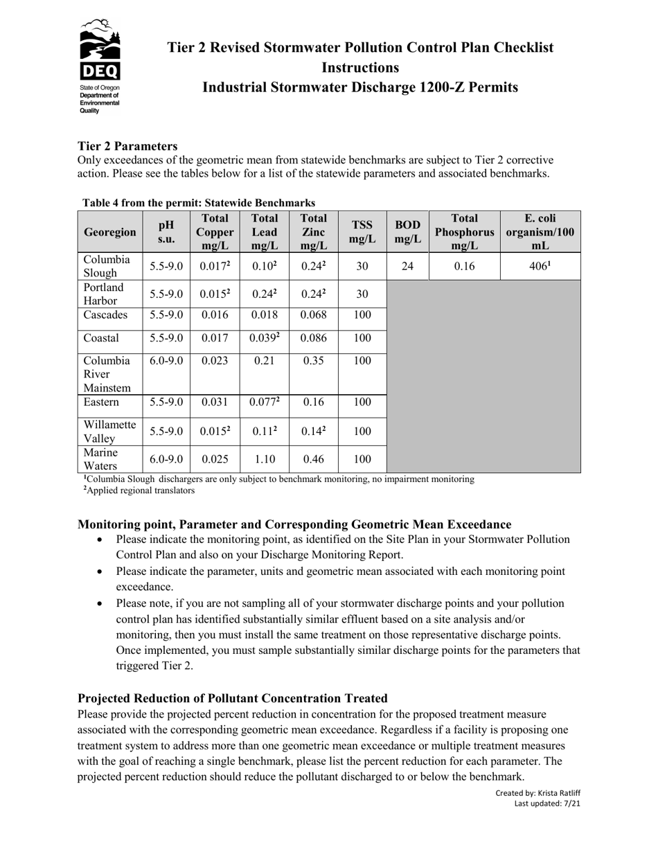 Tier 2 Revised Stormwater Pollution Control Plan Checklist - Oregon, Page 1