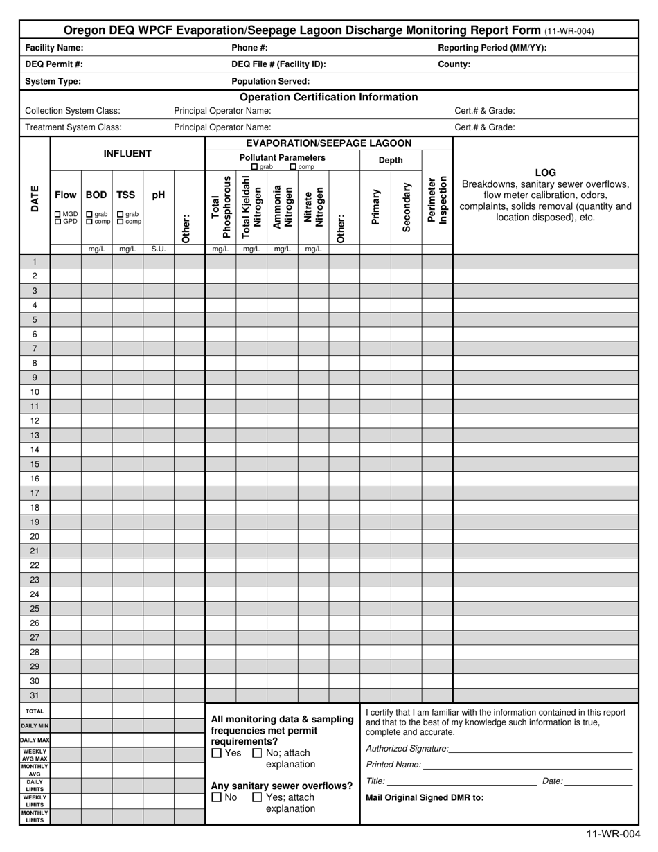 Oregon DEQ Wpcf Evaporation / Seepage Lagoon Discharge Monitoring Report Form - Oregon, Page 1