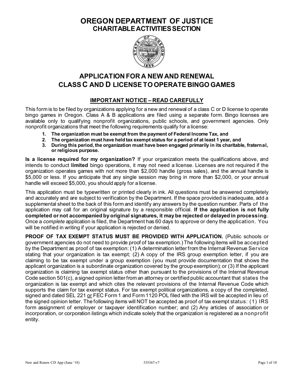 Application for a New and Renewal Class C and D License to Operate Bingo Games - Oregon, Page 1