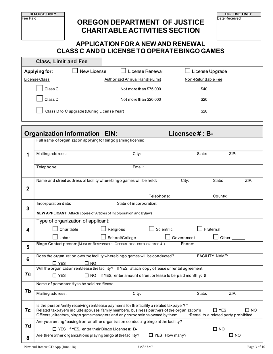 Application for a New and Renewal Class C and D License to Operate Bingo Games - Oregon, Page 3