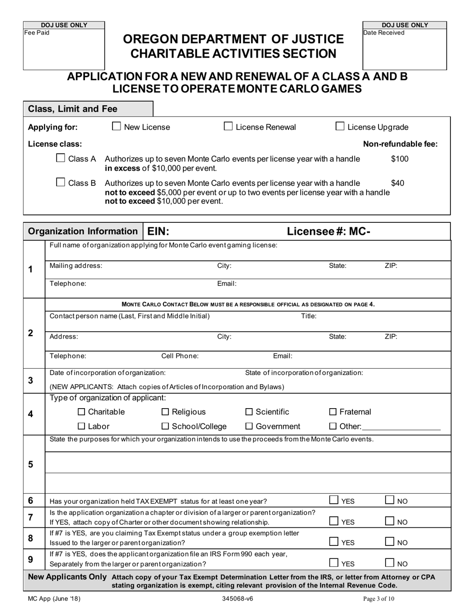 Application for a New and Renewal of a Class a and B License to Operate Monte Carlo Games - Oregon, Page 3