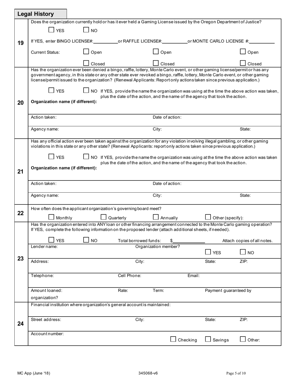 Application for a New and Renewal of a Class a and B License to Operate Monte Carlo Games - Oregon, Page 5