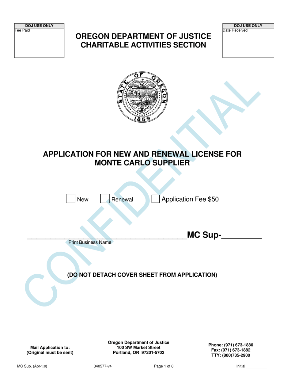 Application for New and Renewal License for Monte Carlo Supplier - Oregon, Page 1