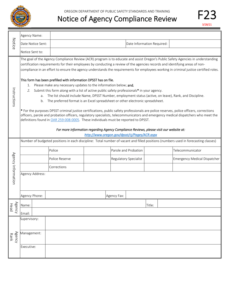Form F23 Notice of Agency Compliance Review - Oregon, Page 1