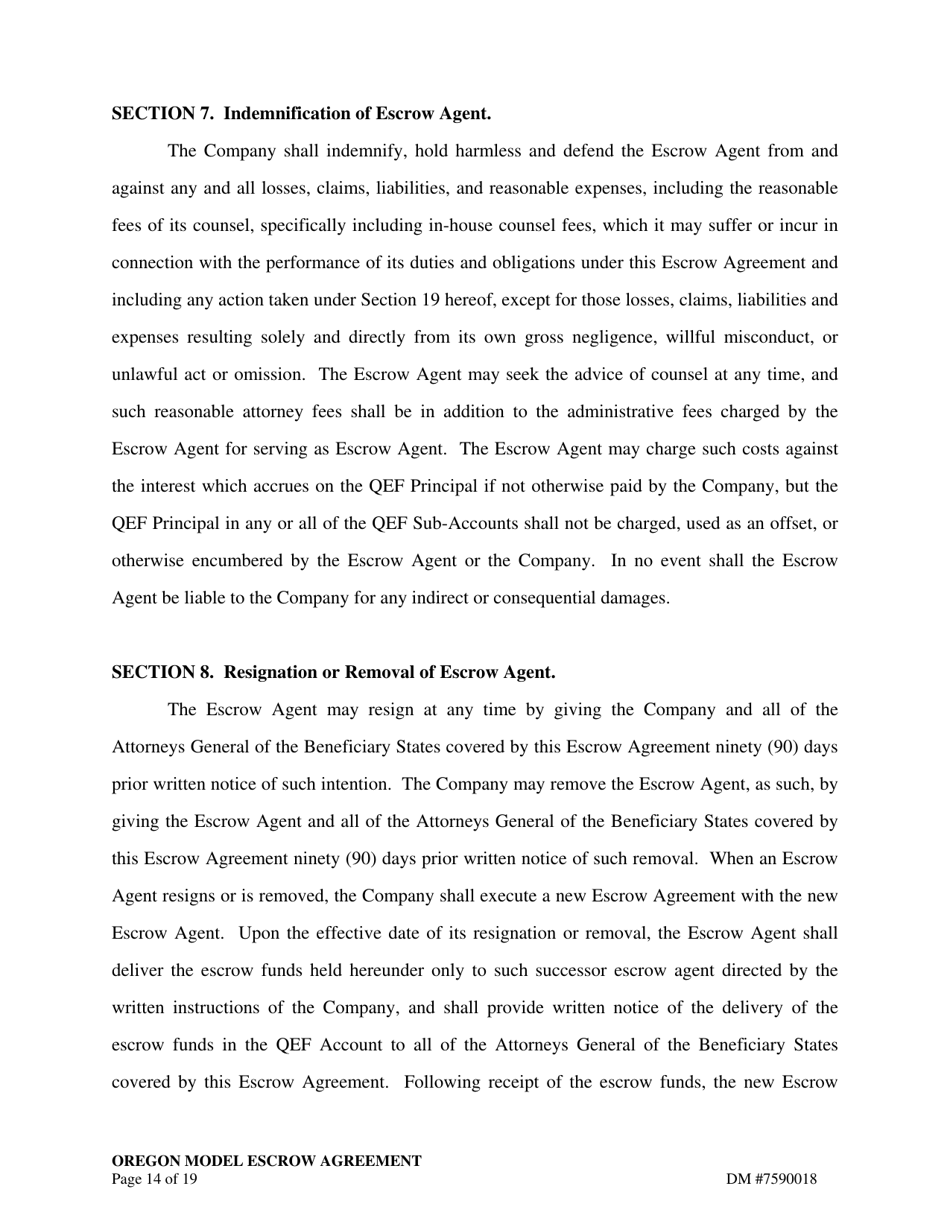 Escrow Agreement - Oregon, Page 14