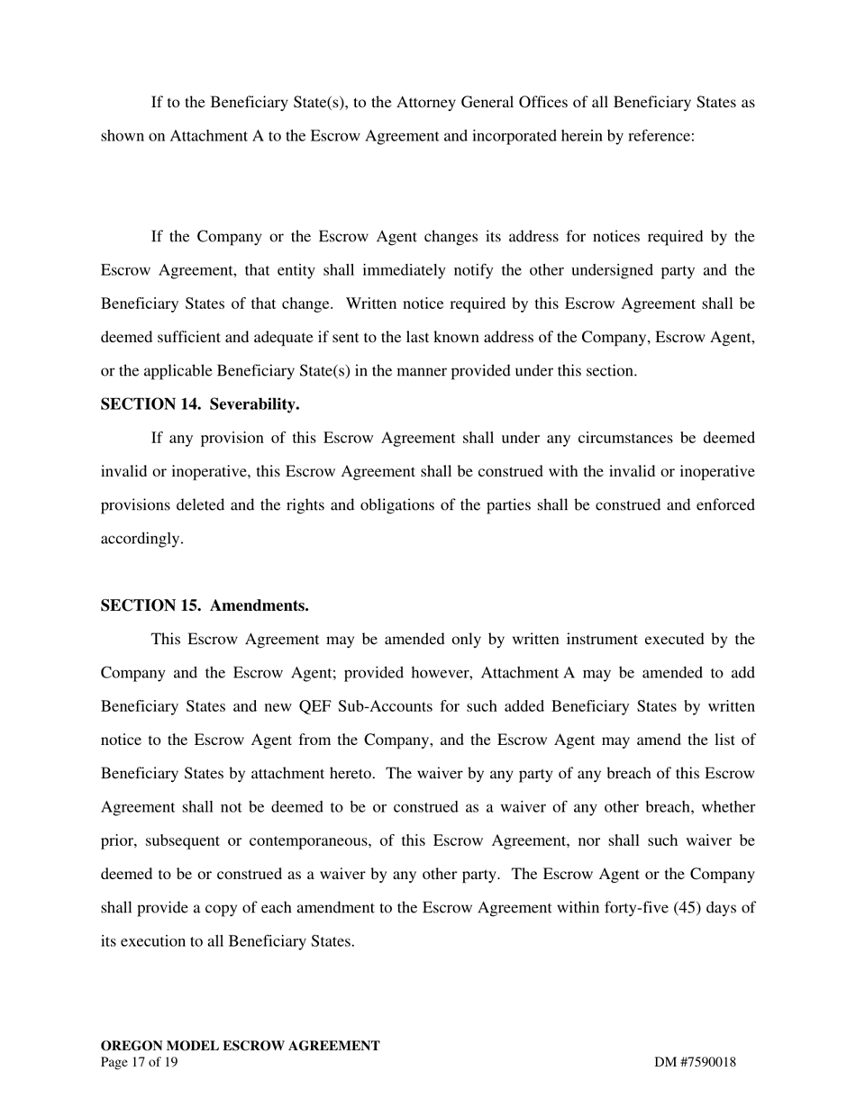 Escrow Agreement - Oregon, Page 17