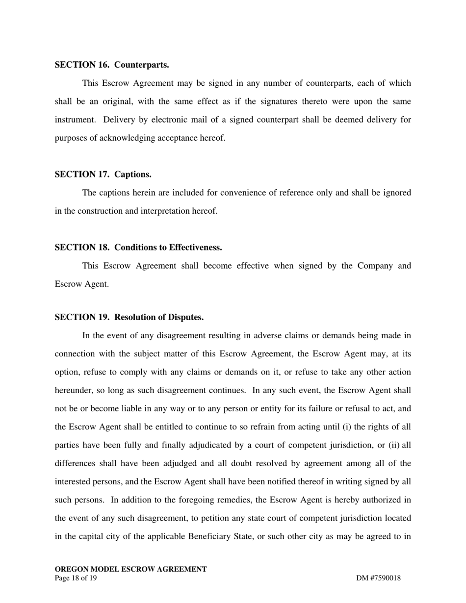 Escrow Agreement - Oregon, Page 18