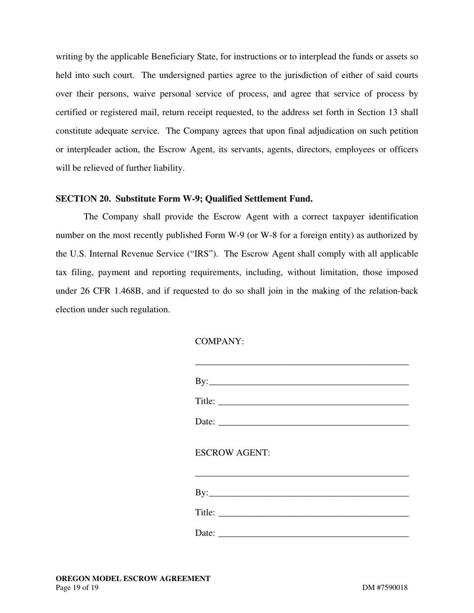 Escrow Agreement - Oregon, Page 19
