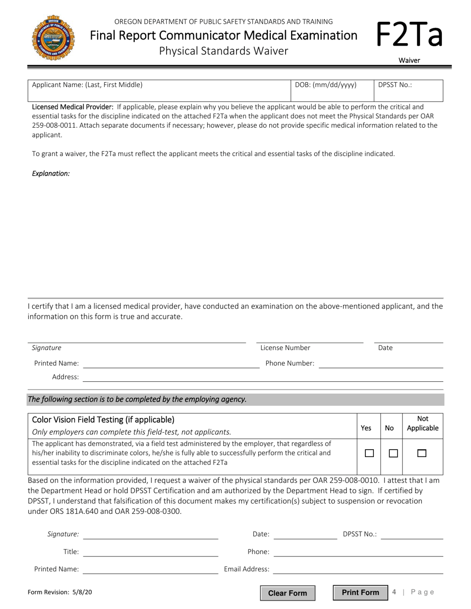 Form F2TA Final Report Communicator Medical Examination - Oregon, Page 4