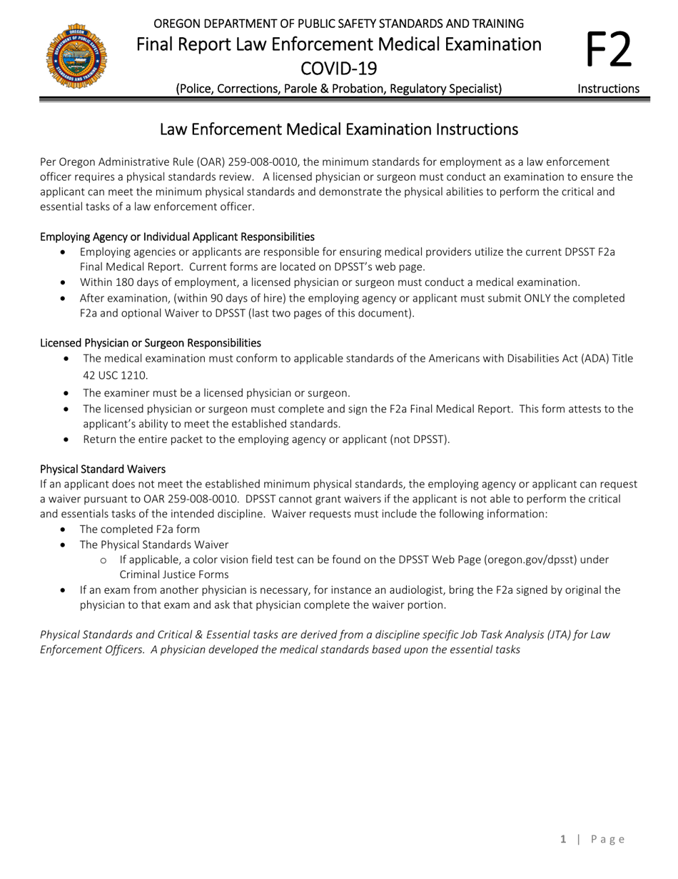Form F2A Final Report Law Enforcement Medical Examination - Covid-19 - Oregon, Page 1