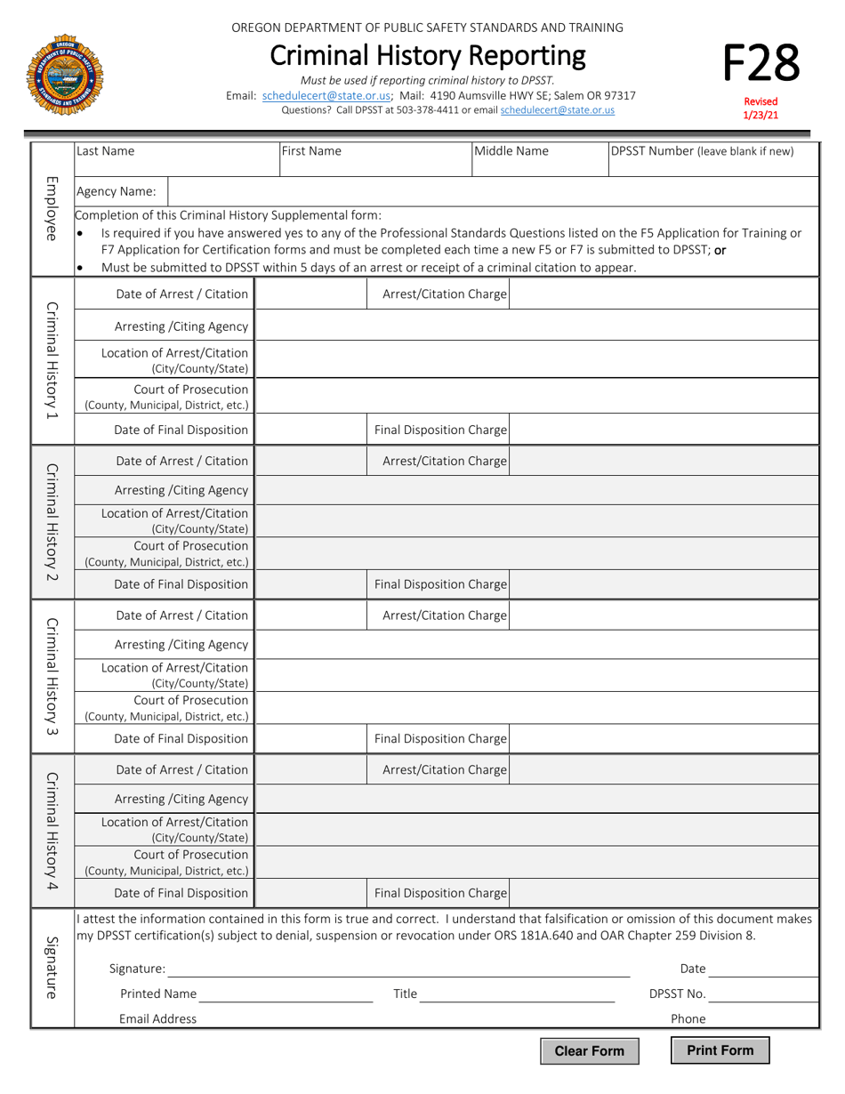 Form F28 Criminal History Reporting - Oregon, Page 1