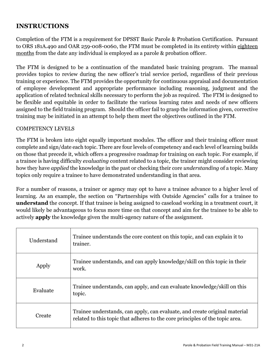 Form F34 Field Training Manual Completion Record Parole and Probation Officer - Oregon, Page 6