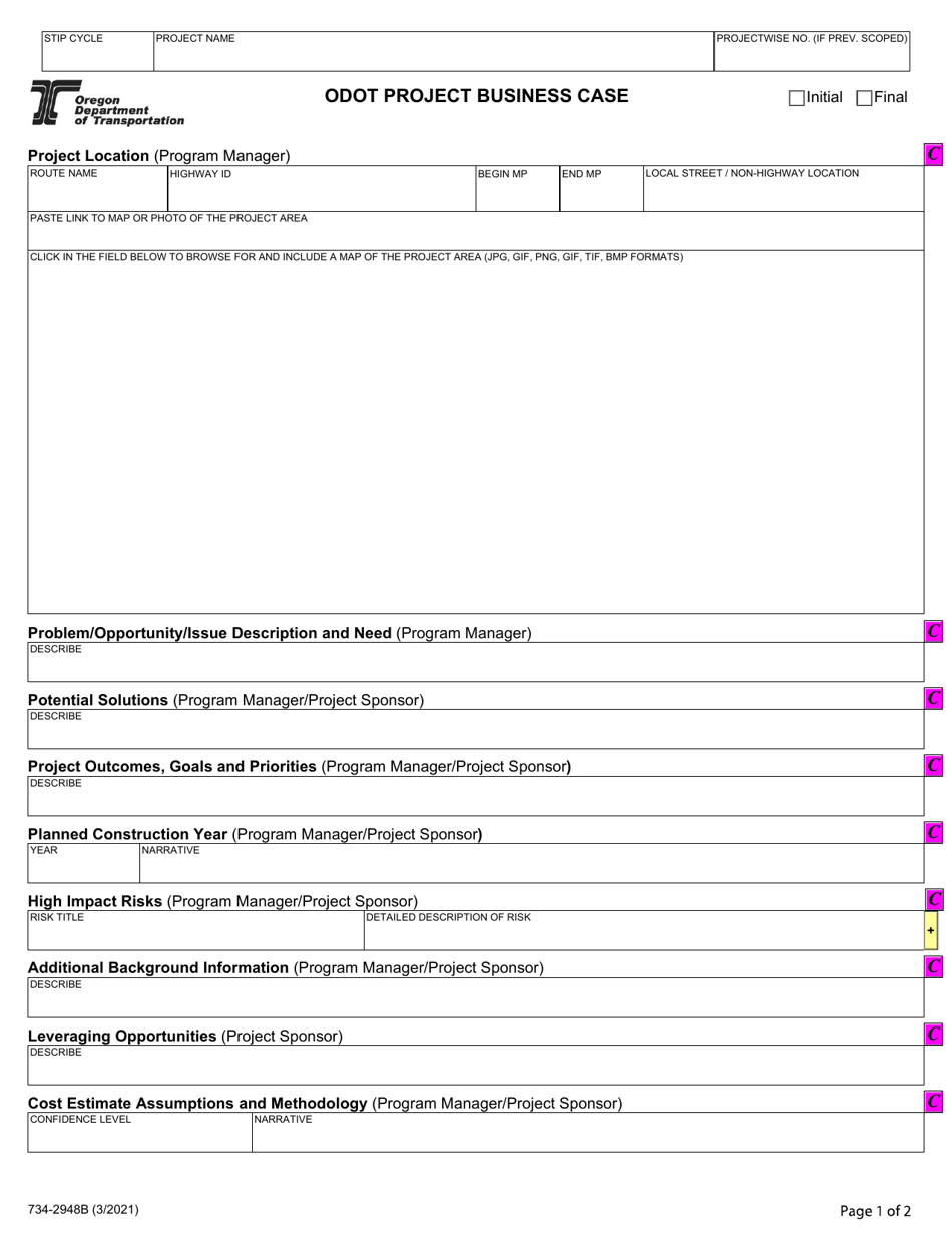 Form 734-2948B Project Business Case - Oregon, Page 1