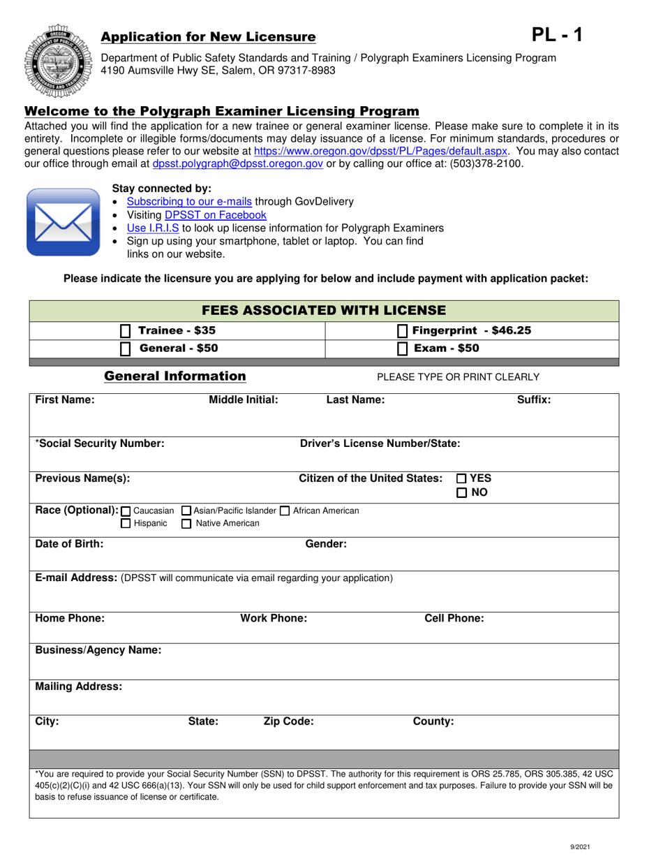 Form PL-1 Application for New Licensure - Polygraph Examiners Licensing Program - Oregon, Page 1