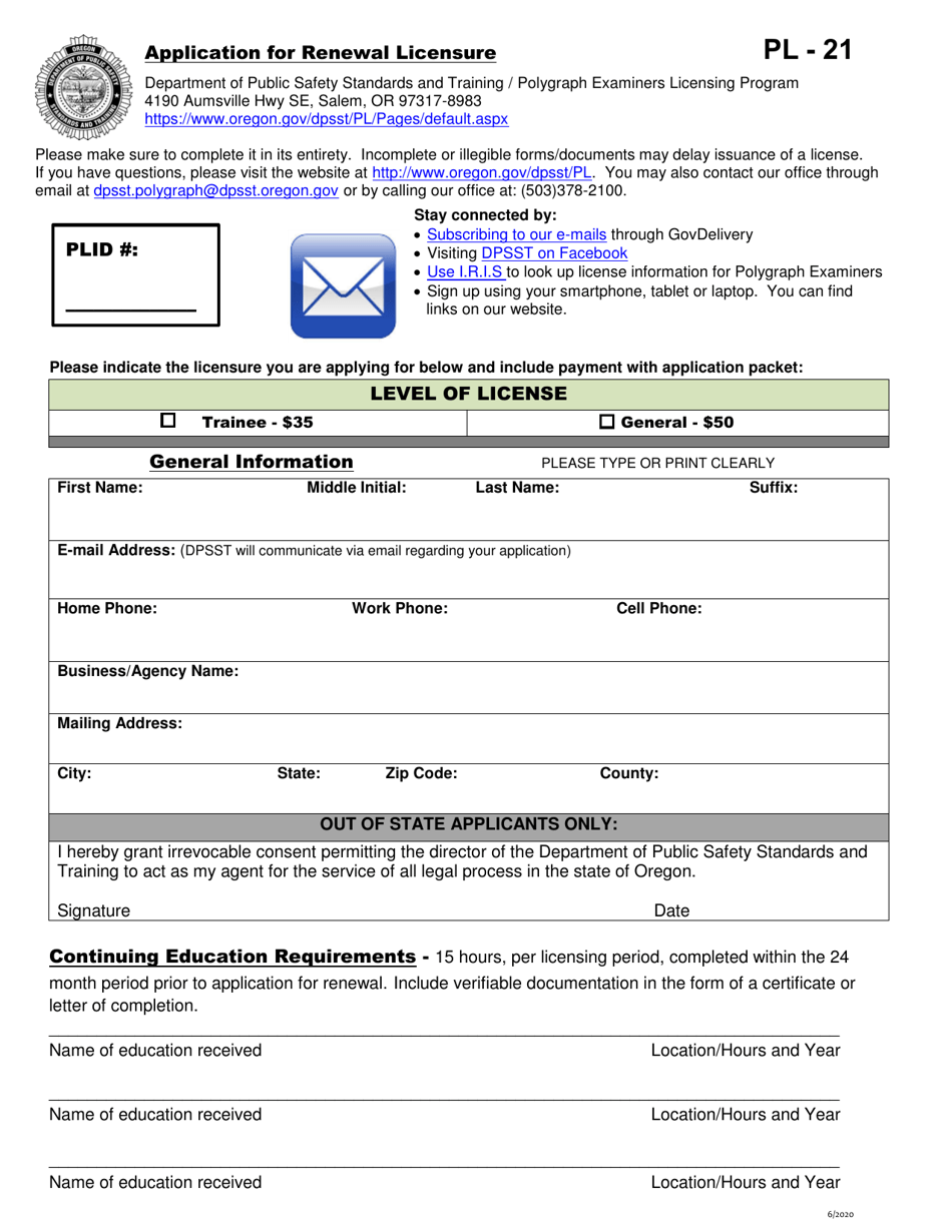 Form PL-21 Application for Renewal Licensure - Oregon, Page 1