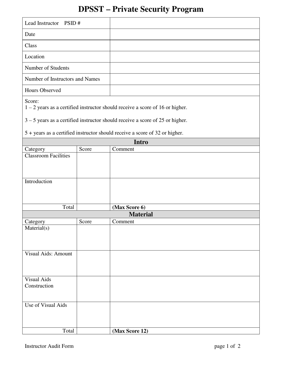 Oregon Instructor Audit Score Sheet - Private Security Program - Fill ...