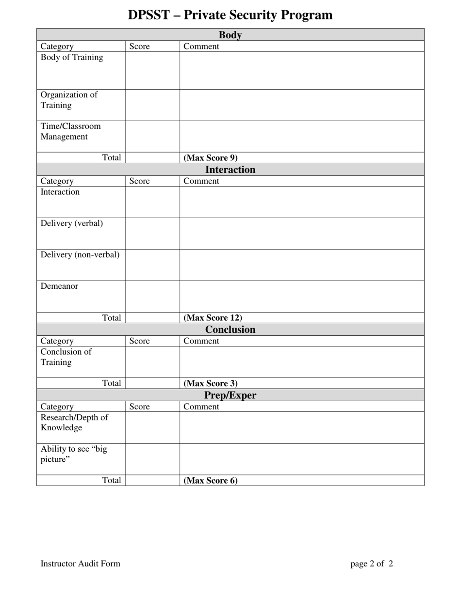 Oregon Instructor Audit Score Sheet - Private Security Program - Fill ...