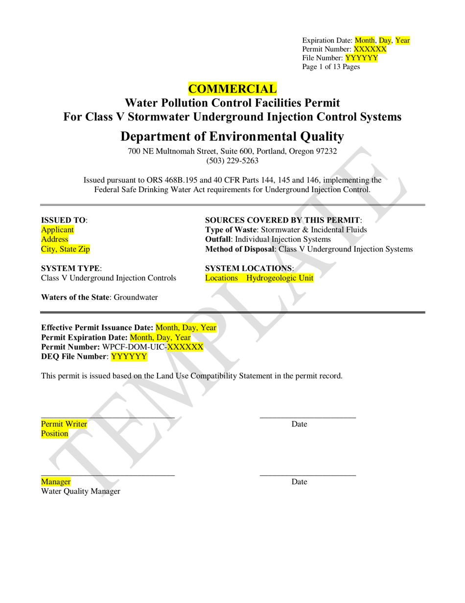 Commercial Water Pollution Control Facilities Permit Template for Class V Stormwater Underground Injection Control Systems - Oregon, Page 1
