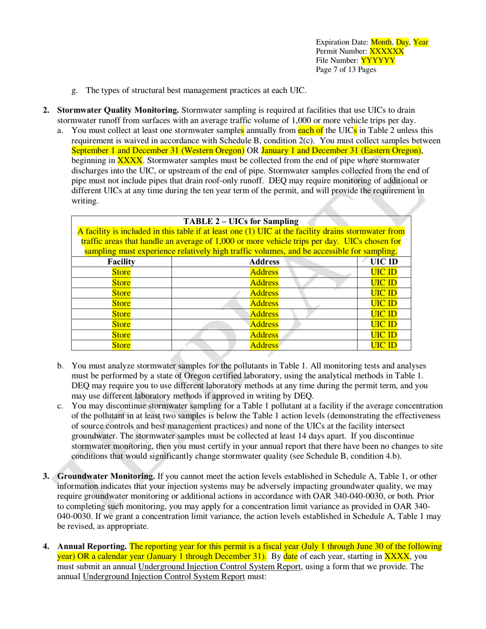 Commercial Water Pollution Control Facilities Permit Template for Class V Stormwater Underground Injection Control Systems - Oregon, Page 7
