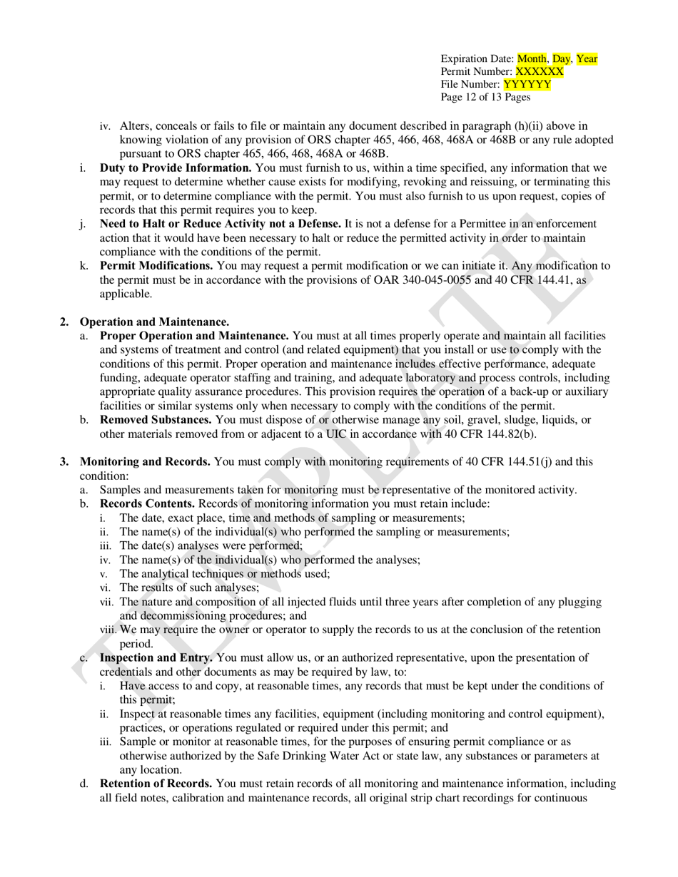 Public Bodies Water Pollution Control Facilities Permit Template for Class V Stormwater Underground Injection Control Systems - Oregon, Page 12