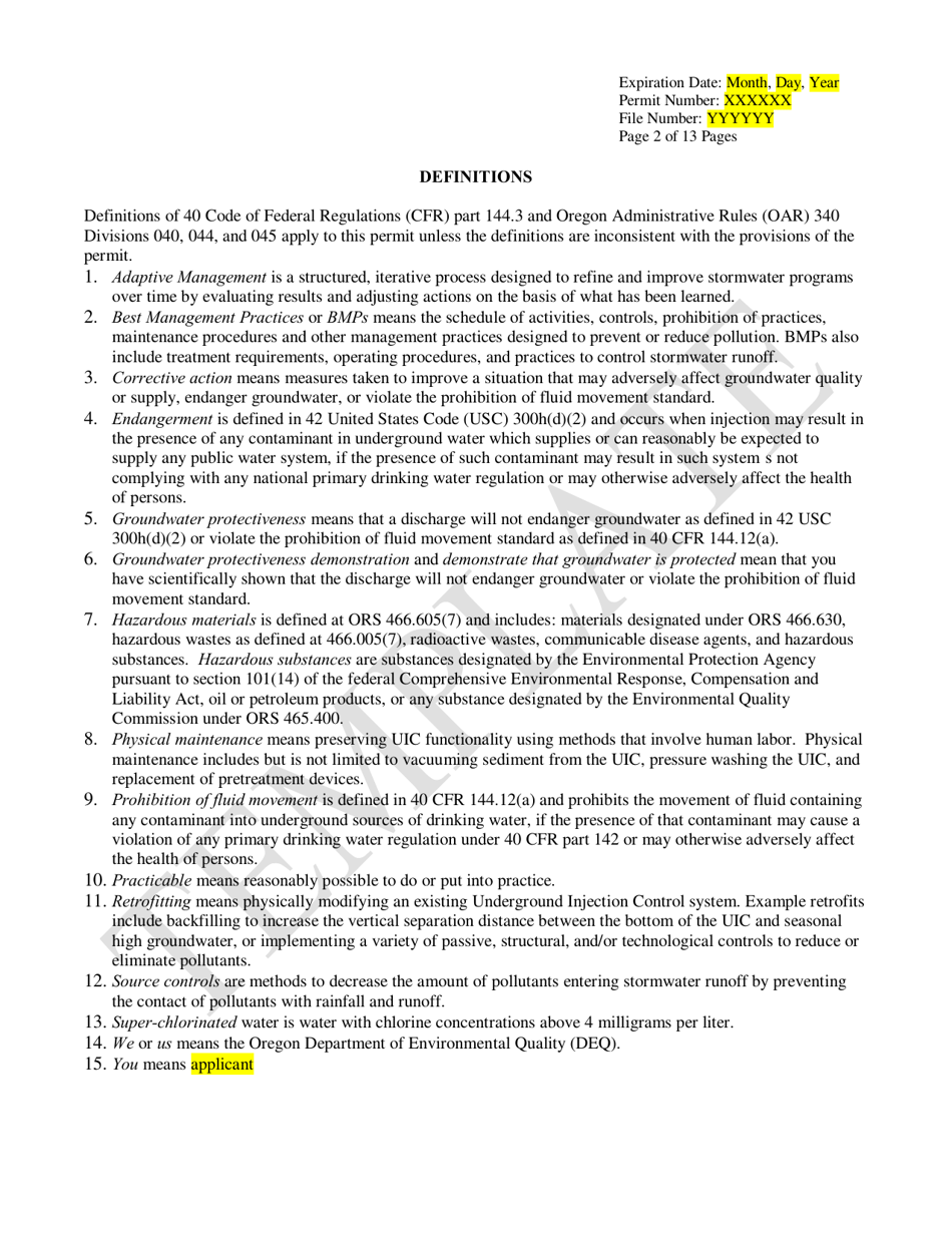 Public Bodies Water Pollution Control Facilities Permit Template for Class V Stormwater Underground Injection Control Systems - Oregon, Page 2