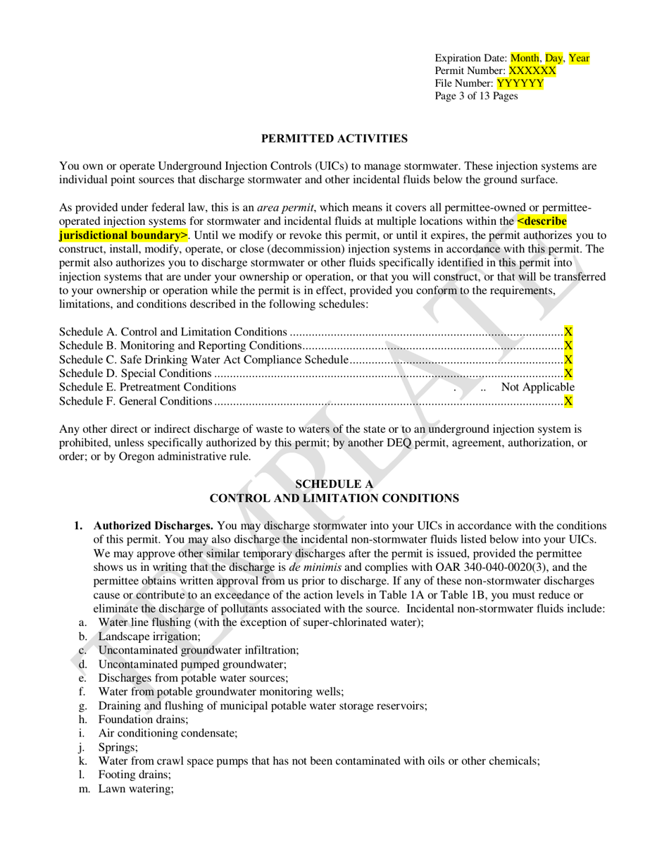 Public Bodies Water Pollution Control Facilities Permit Template for Class V Stormwater Underground Injection Control Systems - Oregon, Page 3