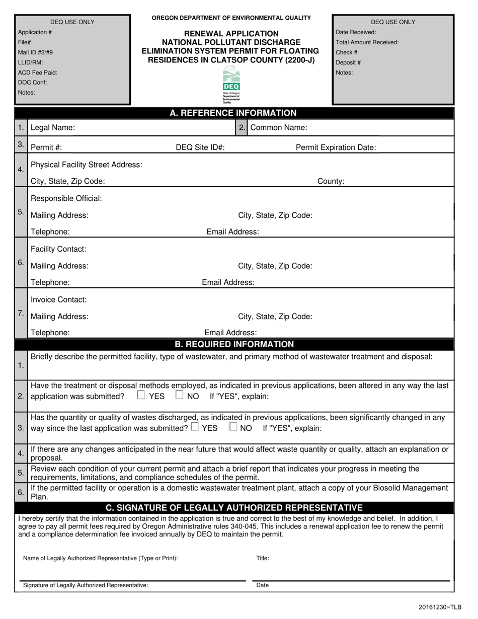 Renewal Application - National Pollutant Discharge Elimination System Permit for Floating Residences in Clatsop County (2200-j) - Oregon, Page 1