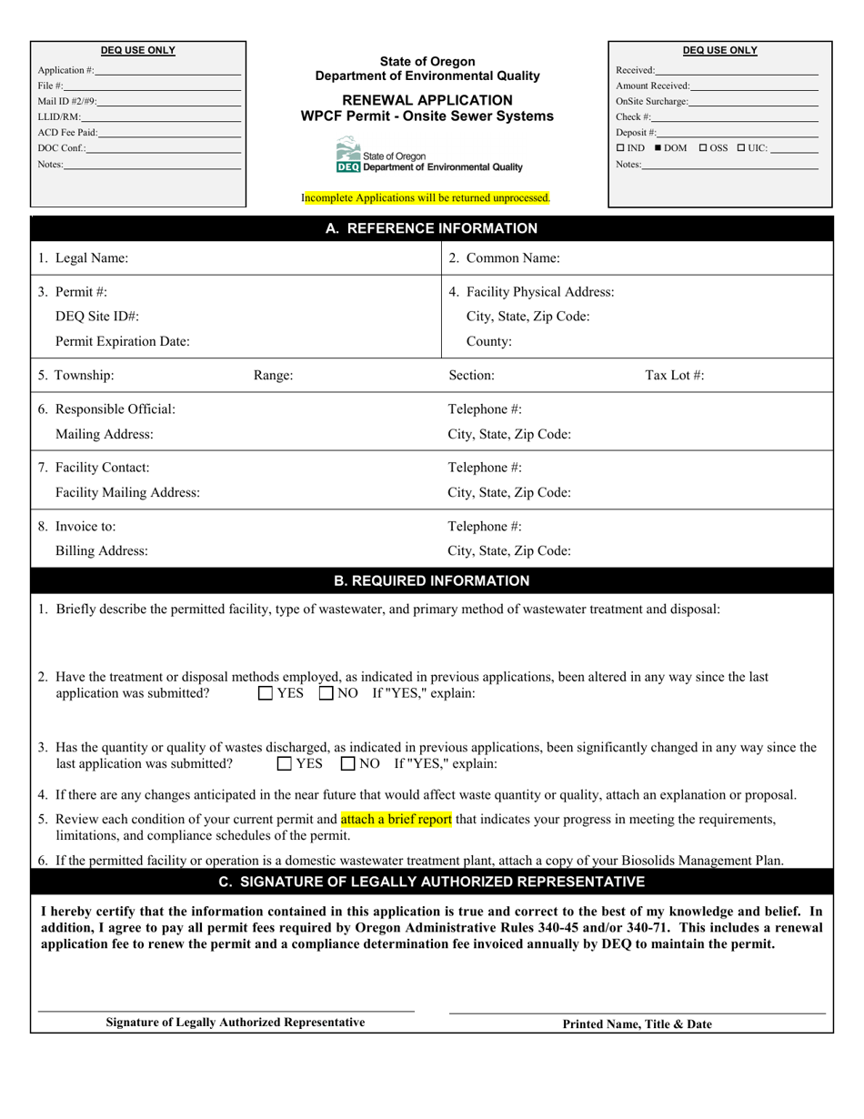Renewal Application - Wpcf Permit - Onsite Sewer Systems - Oregon, Page 1