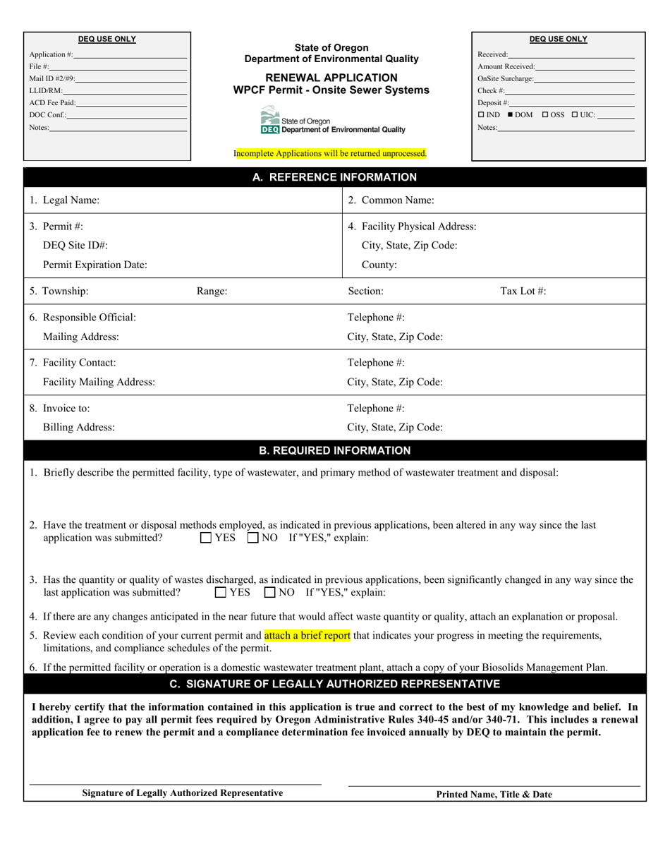 Oregon Renewal Application - Wpcf Permit - Onsite Sewer Systems - Fill ...