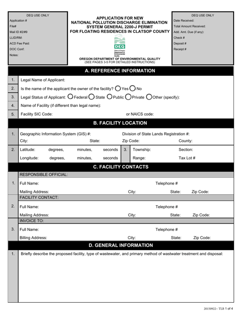 Application for New National Pollution Discharge Elimination System General 2200-j Permit for Floating Residences in Clatsop County - Oregon Download Pdf