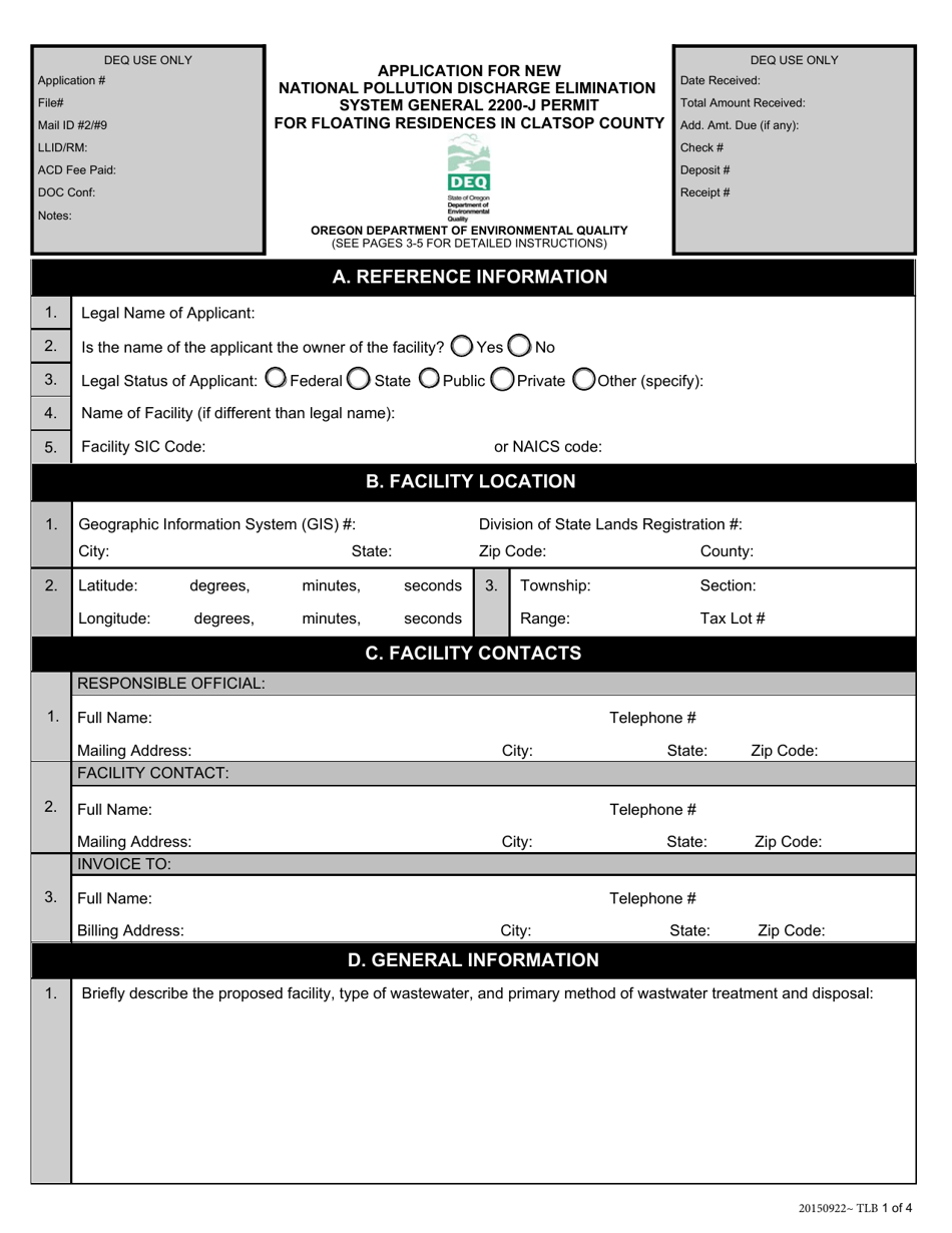 Application for New National Pollution Discharge Elimination System General 2200-j Permit for Floating Residences in Clatsop County - Oregon, Page 1