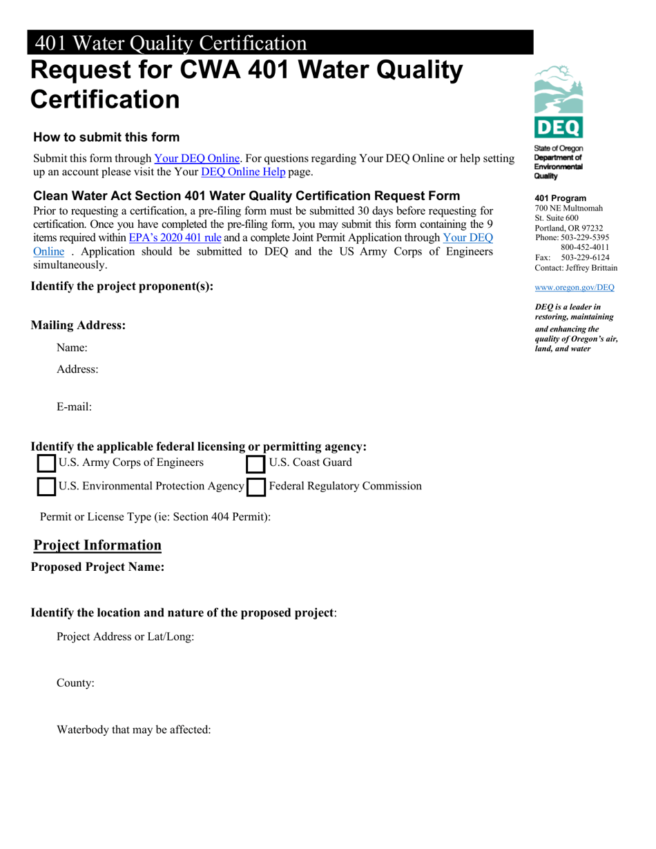 Request for Cwa 401 Water Quality Certification - Oregon, Page 1