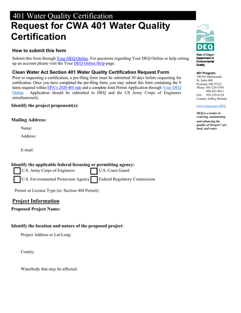 Request for Cwa 401 Water Quality Certification - Oregon Download Pdf