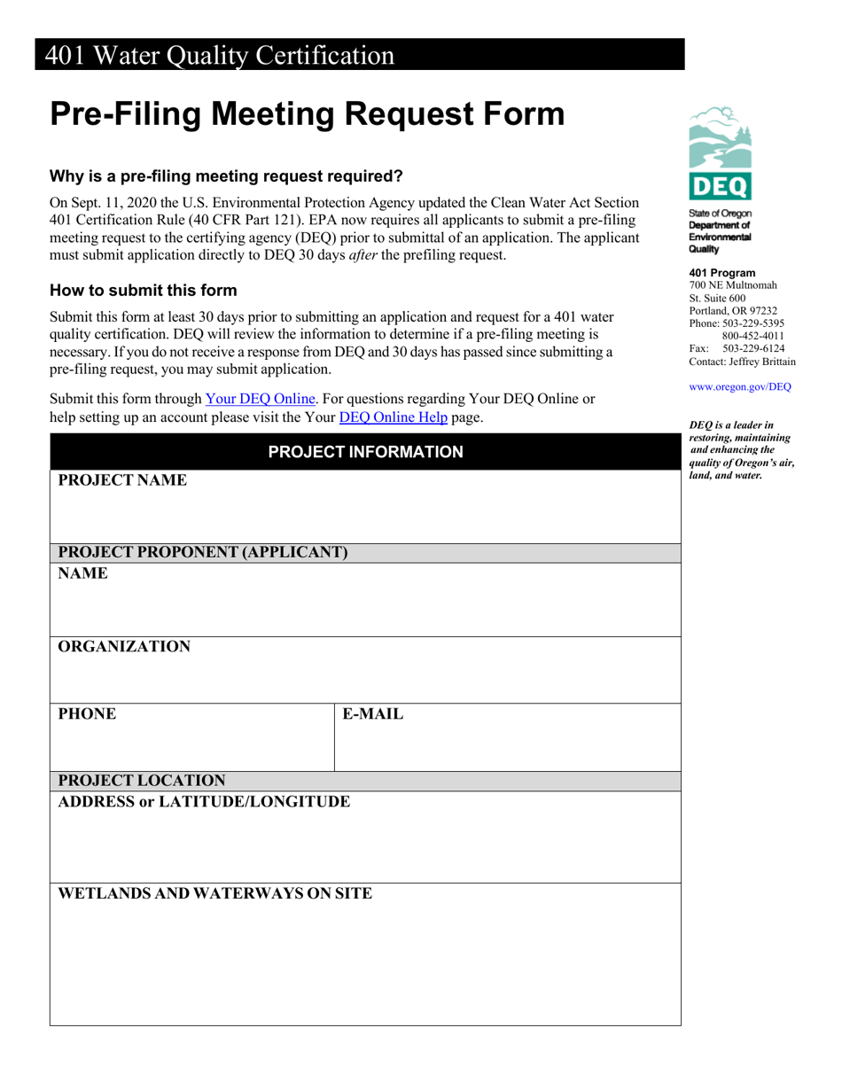Pre-filing Meeting Request Form - 401 Water Quality Certification - Oregon, Page 1