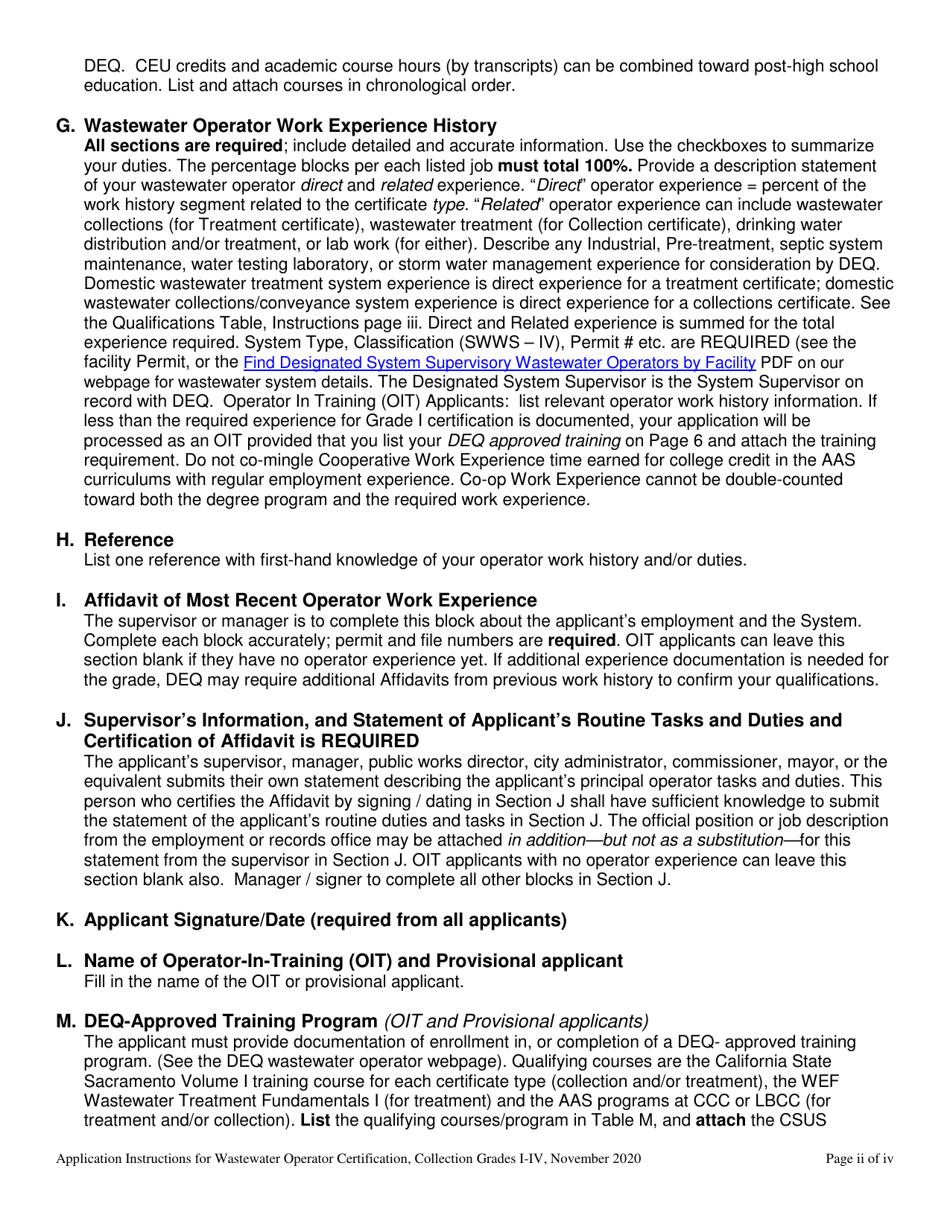 Application for the Wastewater Operator Collection Certificate - Grades I-Iv - Oregon, Page 2