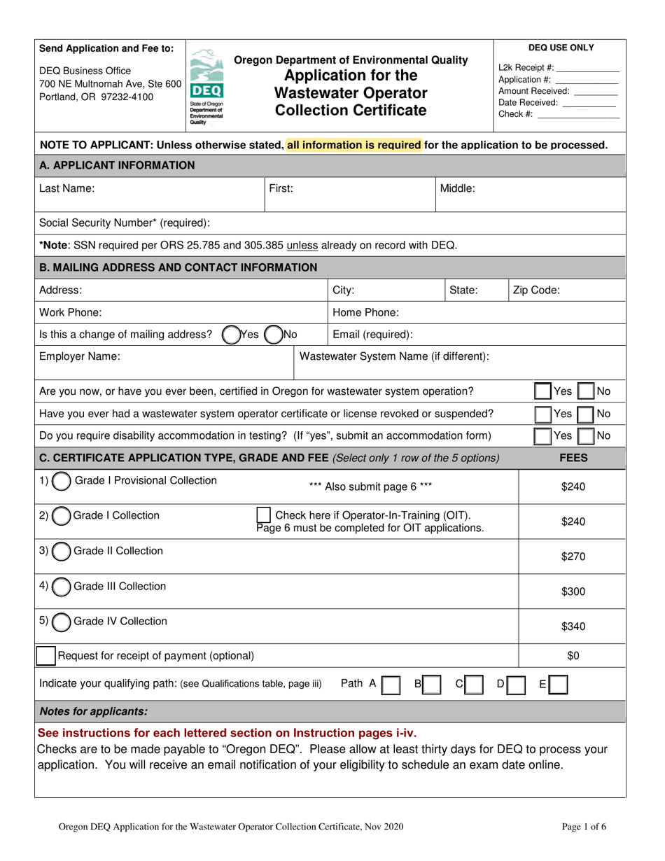 Oregon Application for the Wastewater Operator Collection Certificate