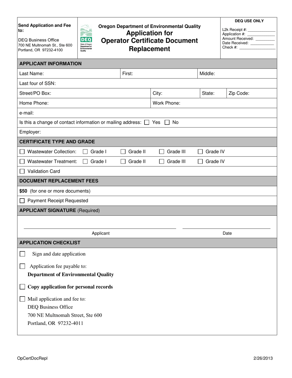 Application for Operator Certificate Document Replacement - Oregon, Page 1