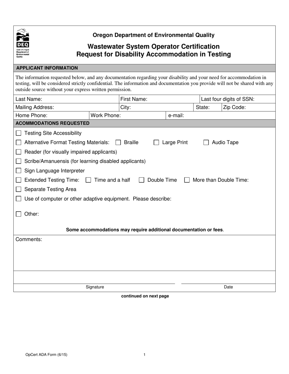 Oregon Wastewater System Operator Certification Request for Disability