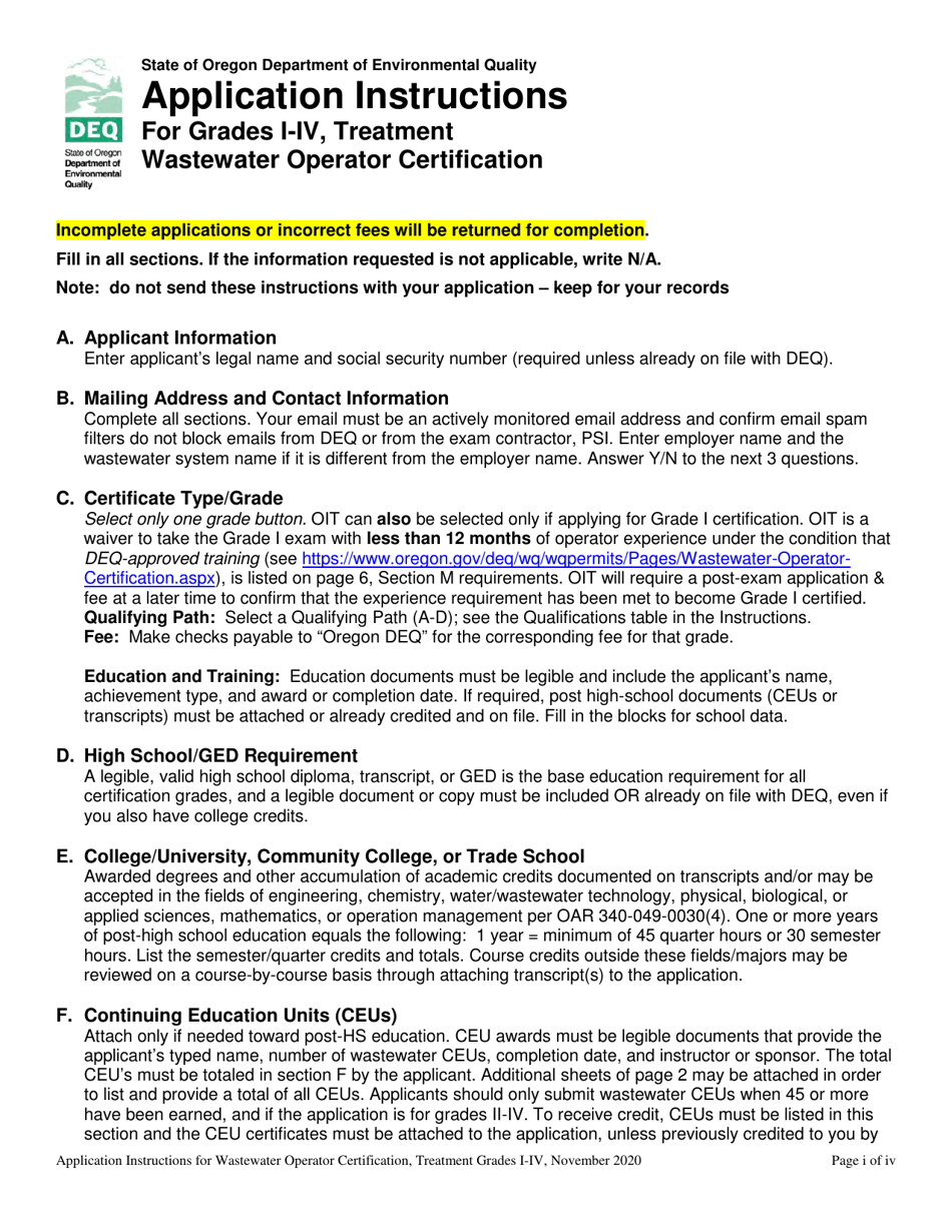 Oregon Application for the Wastewater Operator Treatment Certificate