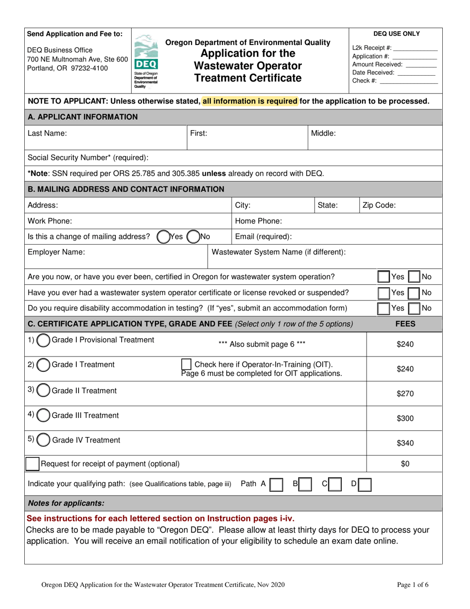 Oregon Application for the Wastewater Operator Treatment Certificate