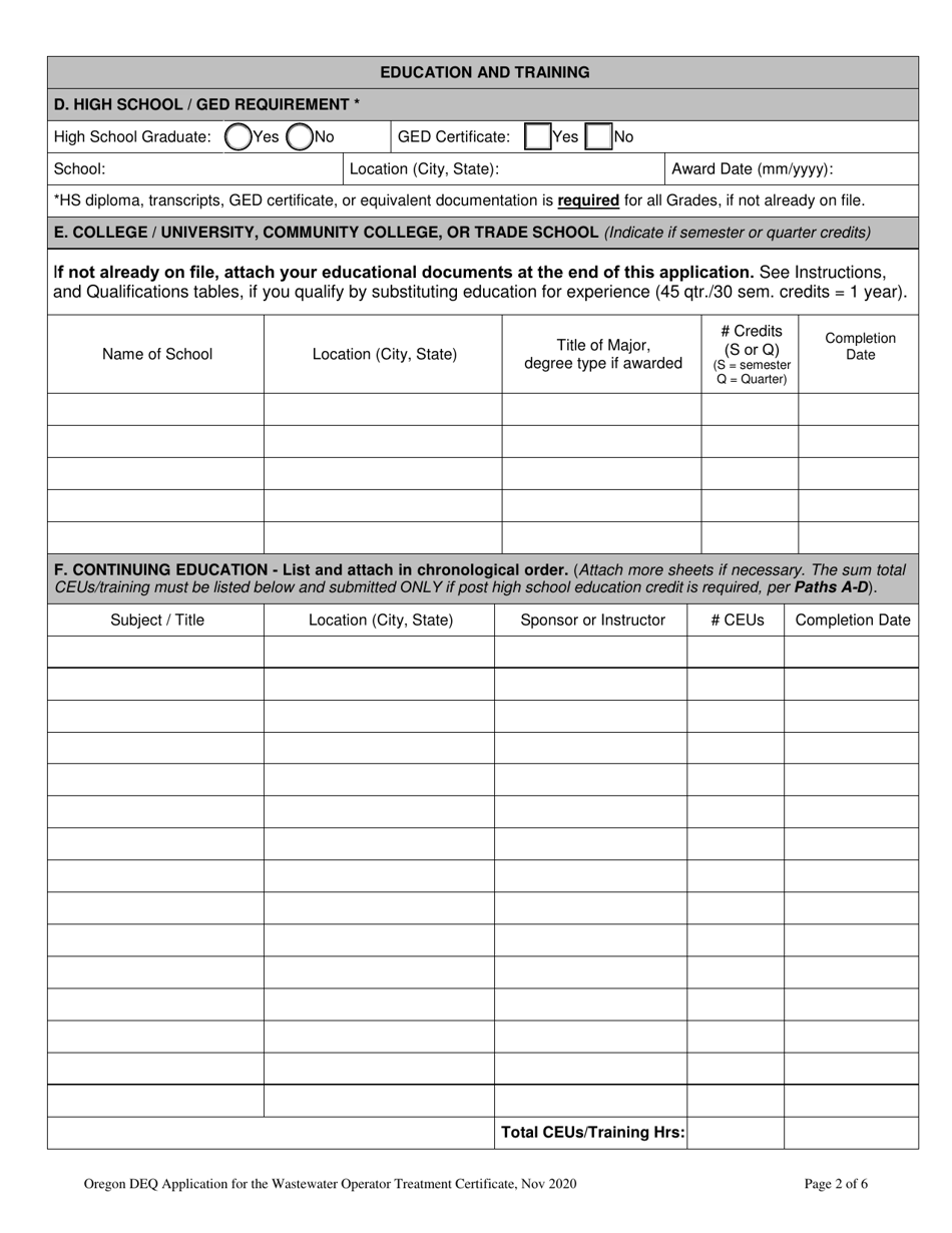 Oregon Application for the Wastewater Operator Treatment Certificate