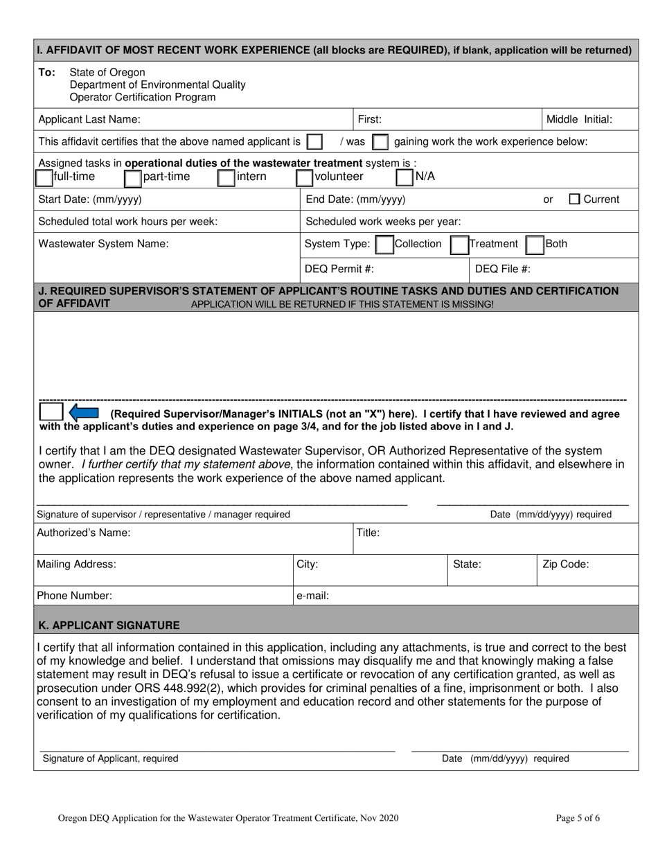 Oregon Application for the Wastewater Operator Treatment Certificate