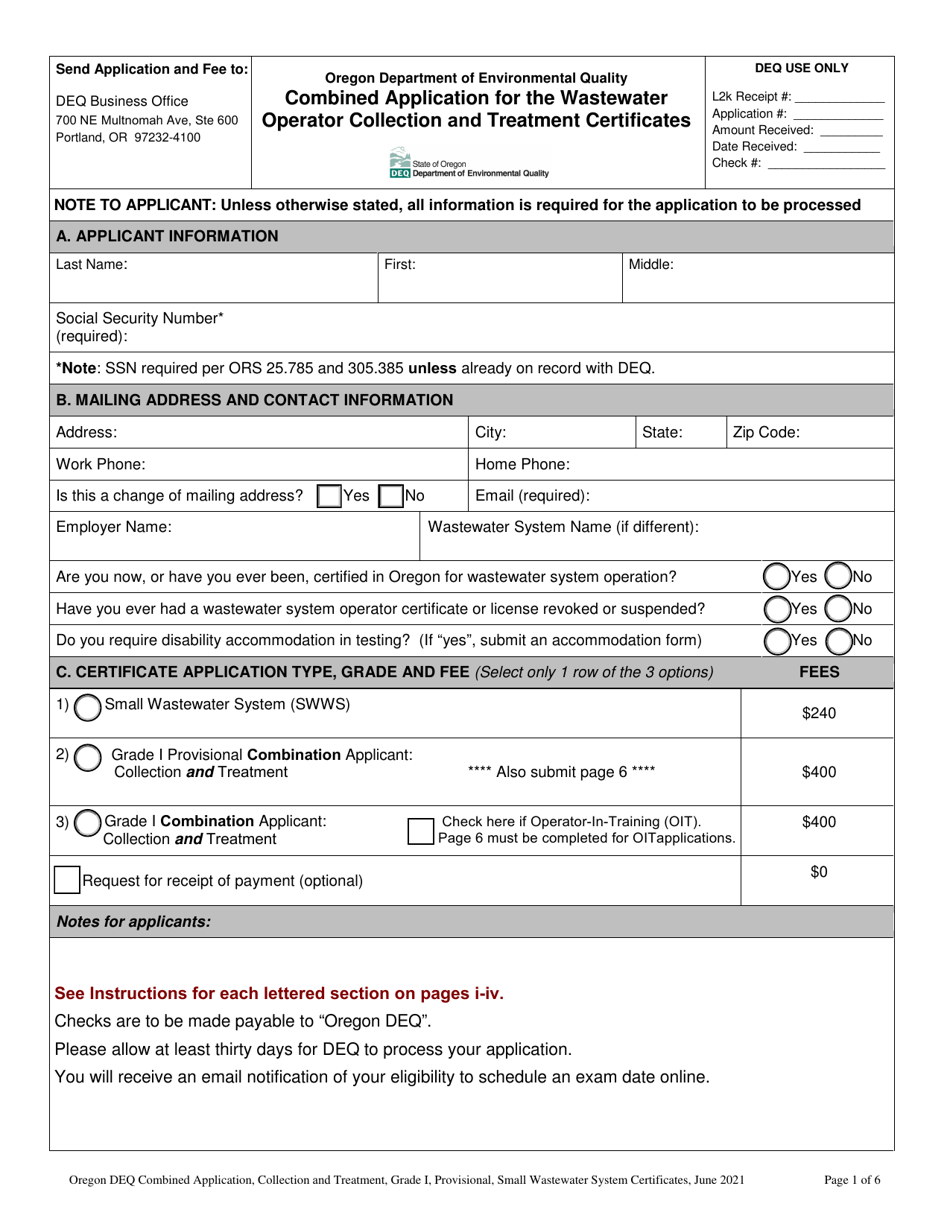 Oregon Combined Application for the Wastewater Operator Collection and