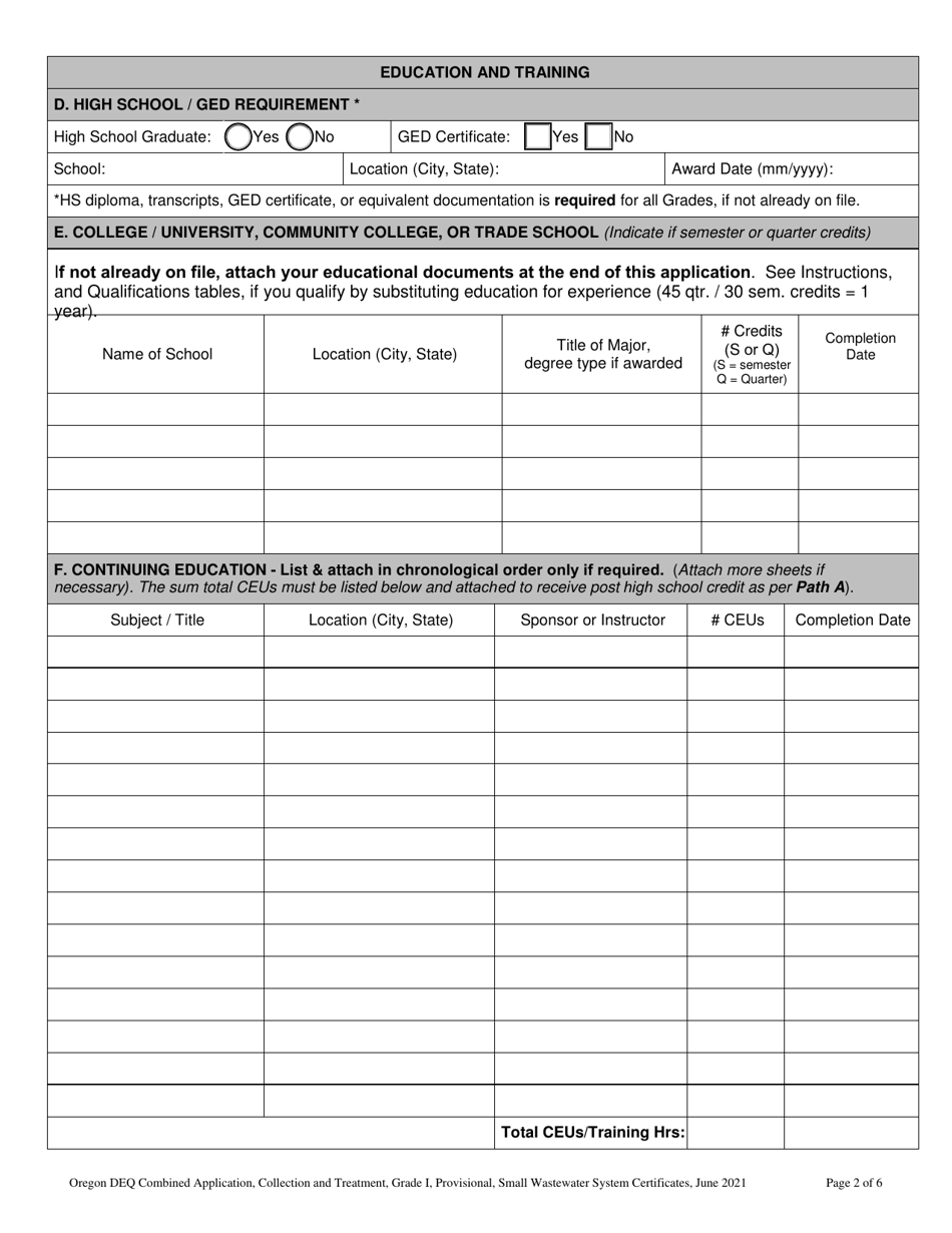 Combined Application for the Wastewater Operator Collection and Treatment Certificates - Grade I and Small Wastewater System - Oregon, Page 6
