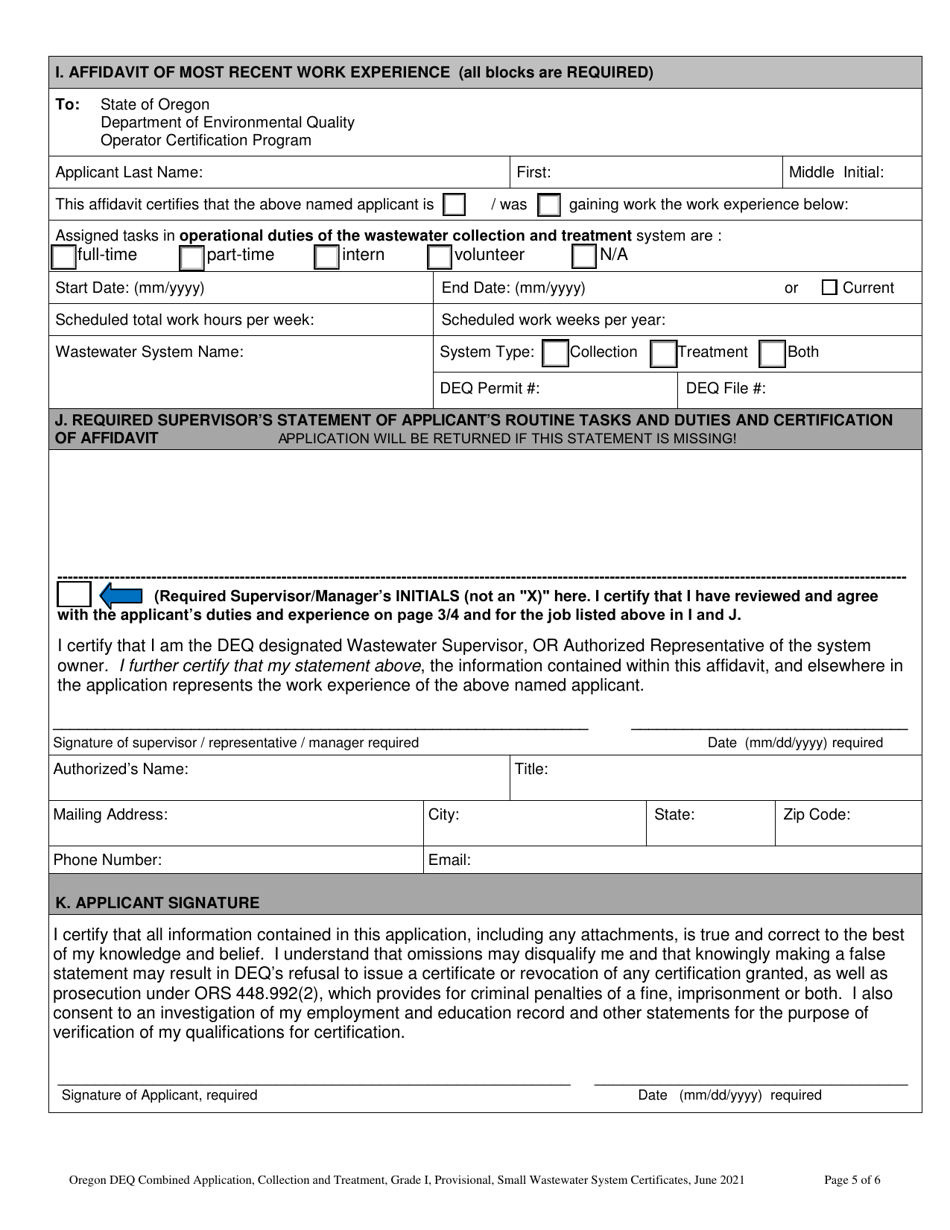 Combined Application for the Wastewater Operator Collection and Treatment Certificates - Grade I and Small Wastewater System - Oregon, Page 9