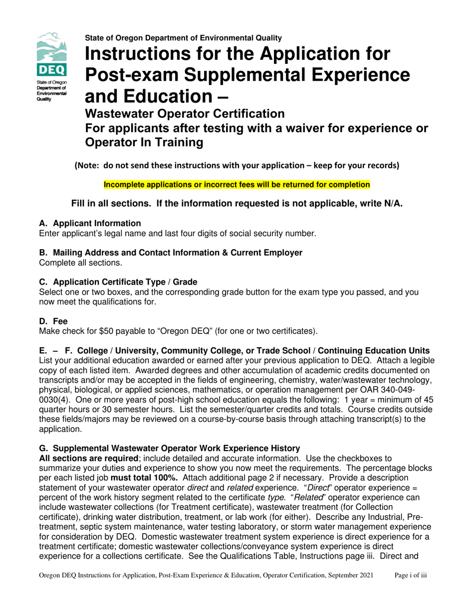Oregon Application for Postexam Supplemental Experience and Education