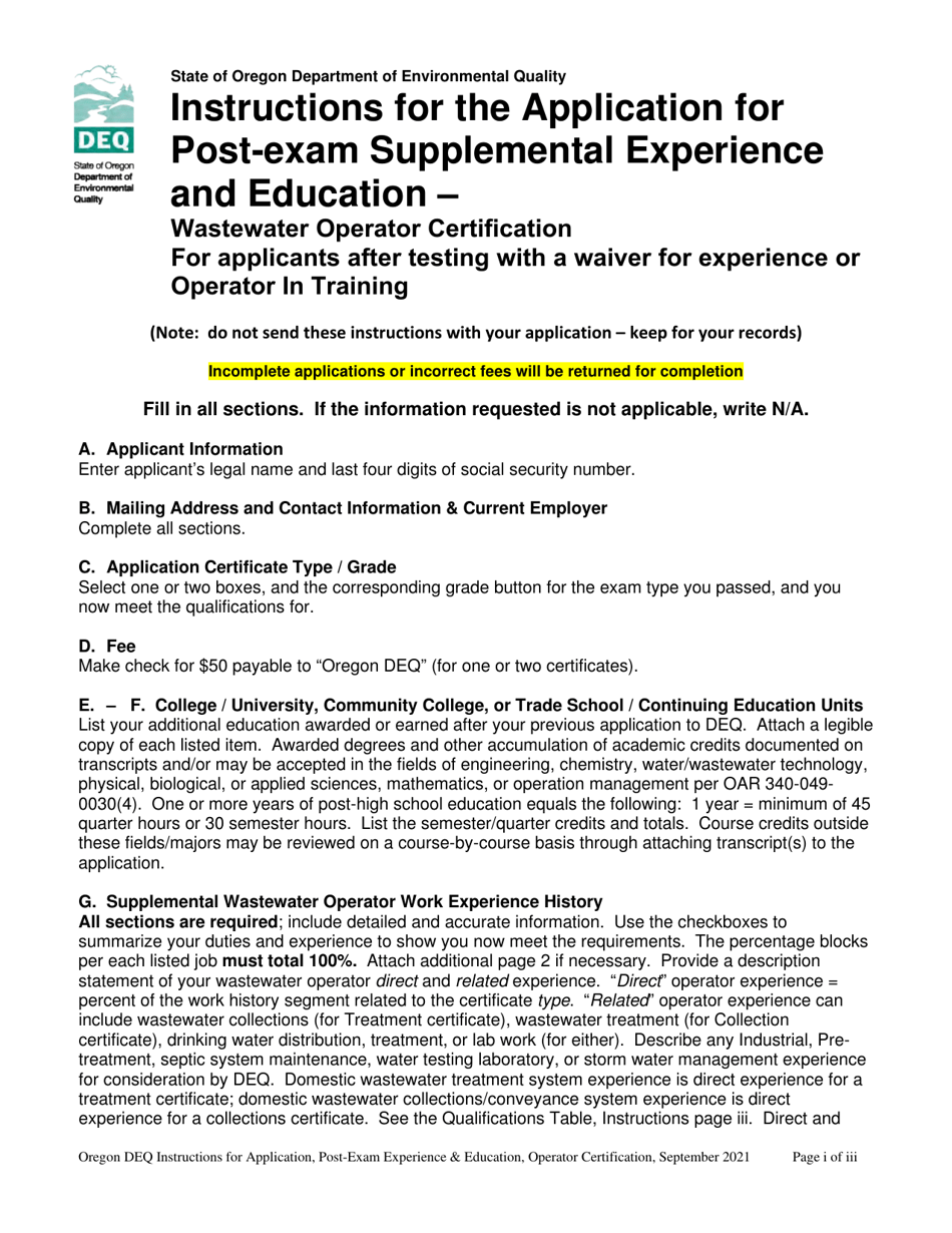 Application for Post-exam Supplemental Experience and Education for Wastewater System Operator Certification - Oregon, Page 1