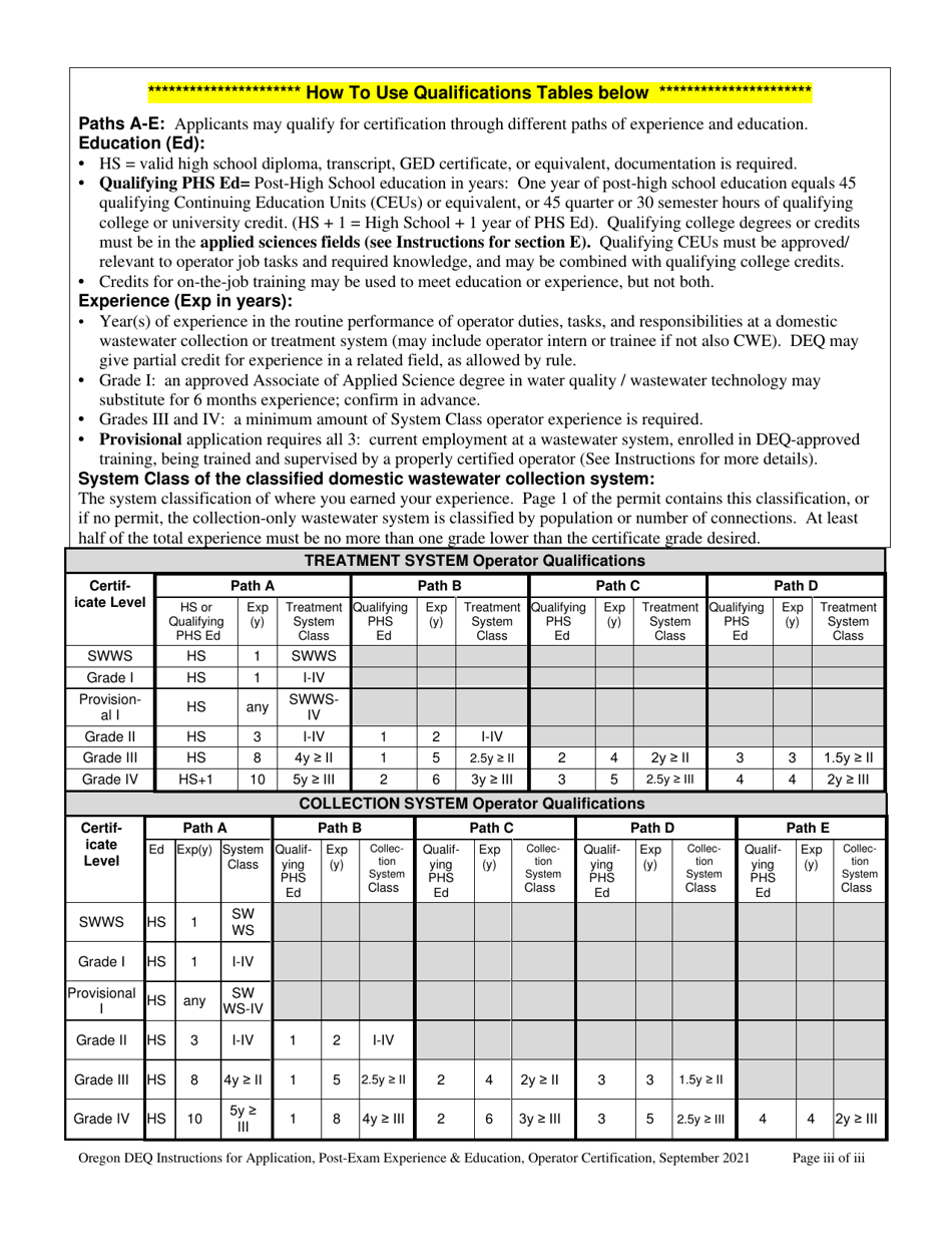 Oregon Application for Postexam Supplemental Experience and Education
